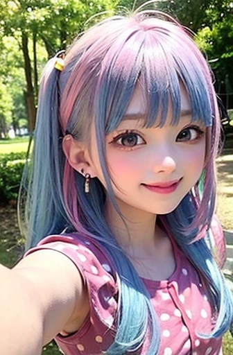 The arrival of autumn、small face、 (alone:1.5,)Super detailed,明るいcolor, very beautiful detailed anime face and eyes, look straight, shiny_skin,girl, (((虹colorの髪, colorful hair, Half blue、half pink hair: 1.2))), 、shiny hair, delicate beautiful face, blush、Glasses、(turquoise eyes), , Valletta, earrings,、sunset、forest road、((Polka dot summer clothes、checked mini skirt,)))、(twin tails)、smile、happy face、face dyed red、color々pose、Full body portrait from head to toe、(I can see the whole body)