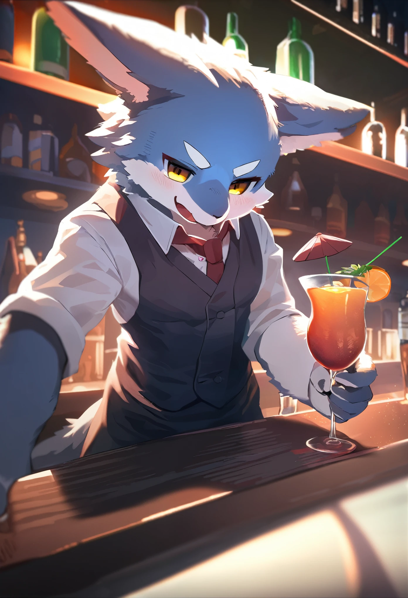 top quality, best quality, High-quality illustrations, masterpiece, super high resolution, detailed background, bartender, bar, cocktail, absurdres, perfect anatomy, expression, good lighting, cinematic shadow(kemono, furry anthro)dynamic angle,