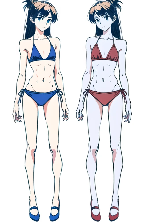 full body portrait photo, Beautiful anorexic Asuka Langley, She looks so thin in a bikini, bones and ribs visible, small flat chest, very small waist, thin legs, beautiful face, Asuka Langley&#39;s body profile is very, very thin., white background.