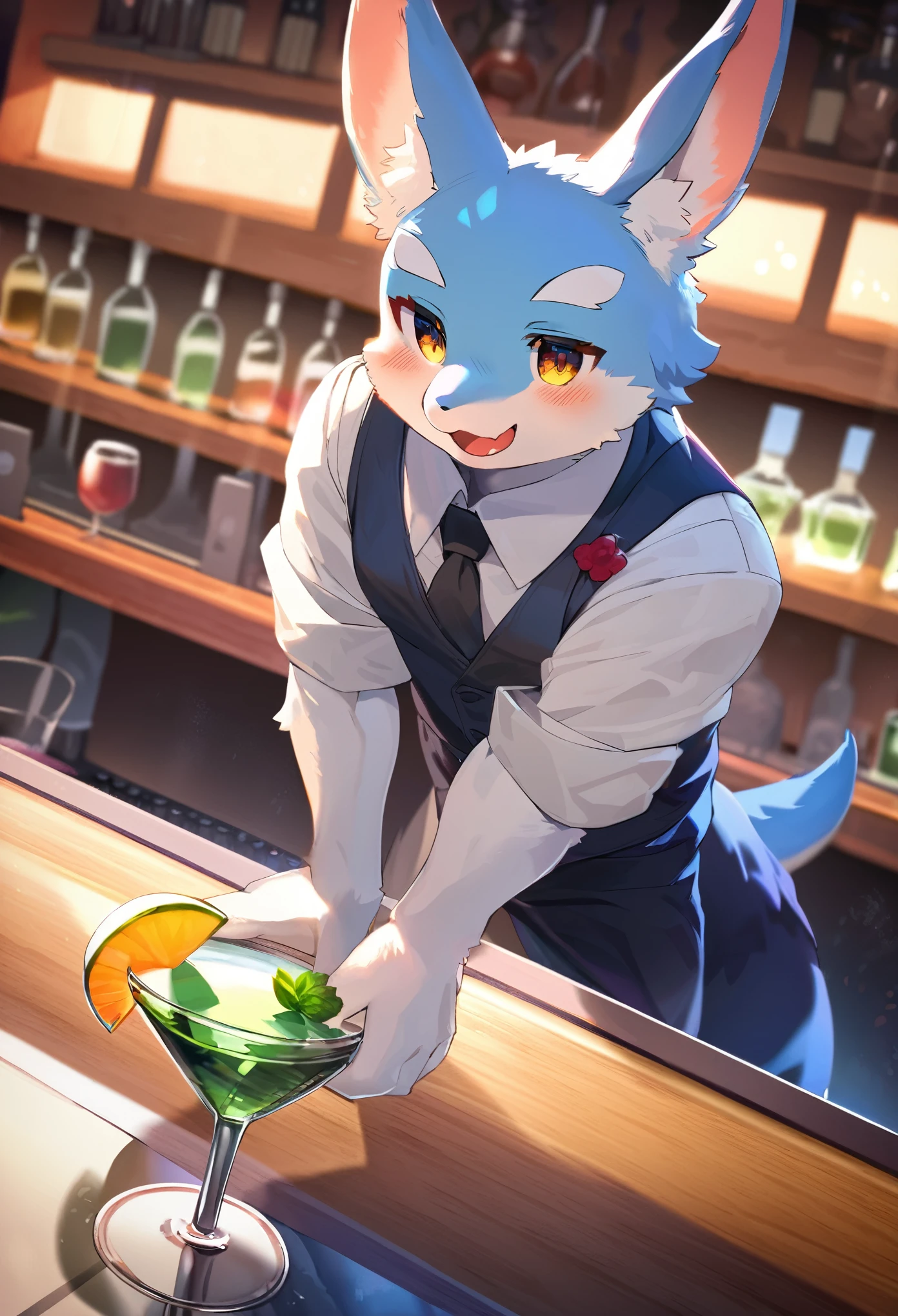 top quality, best quality, High-quality illustrations, masterpiece, super high resolution, detailed background, bartender, bar, cocktail, absurdres, perfect anatomy, expression, good lighting, cinematic shadow(kemono, furry anthro)dynamic angle,