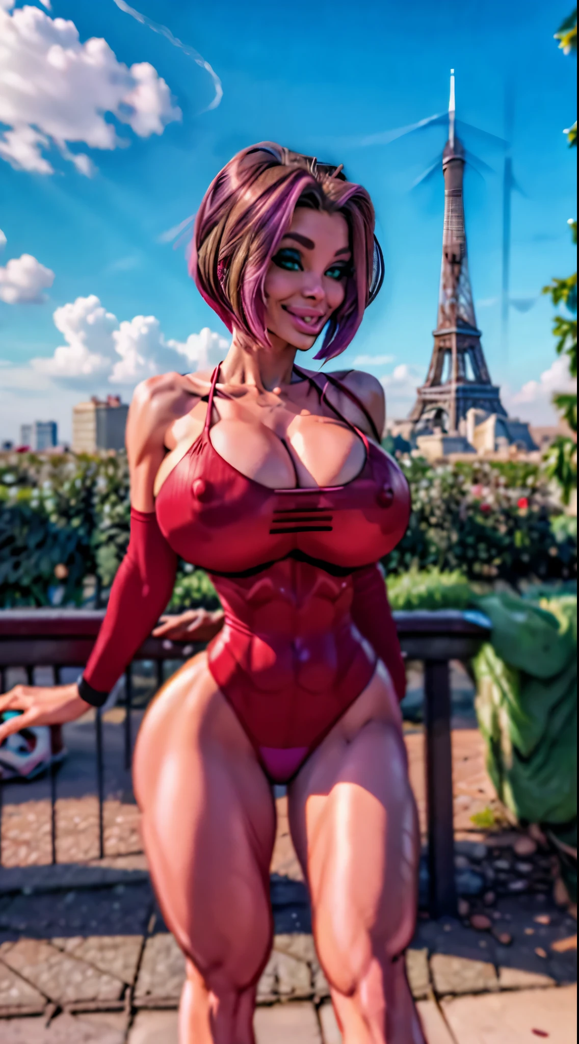 slender figure. She has burgandy colored hair , she has short hair and large pale green eyes, A picture of a Colombian mature girl on a tourist trip to the Eiffel Tower may suggest excitement, amazement, and beauty.