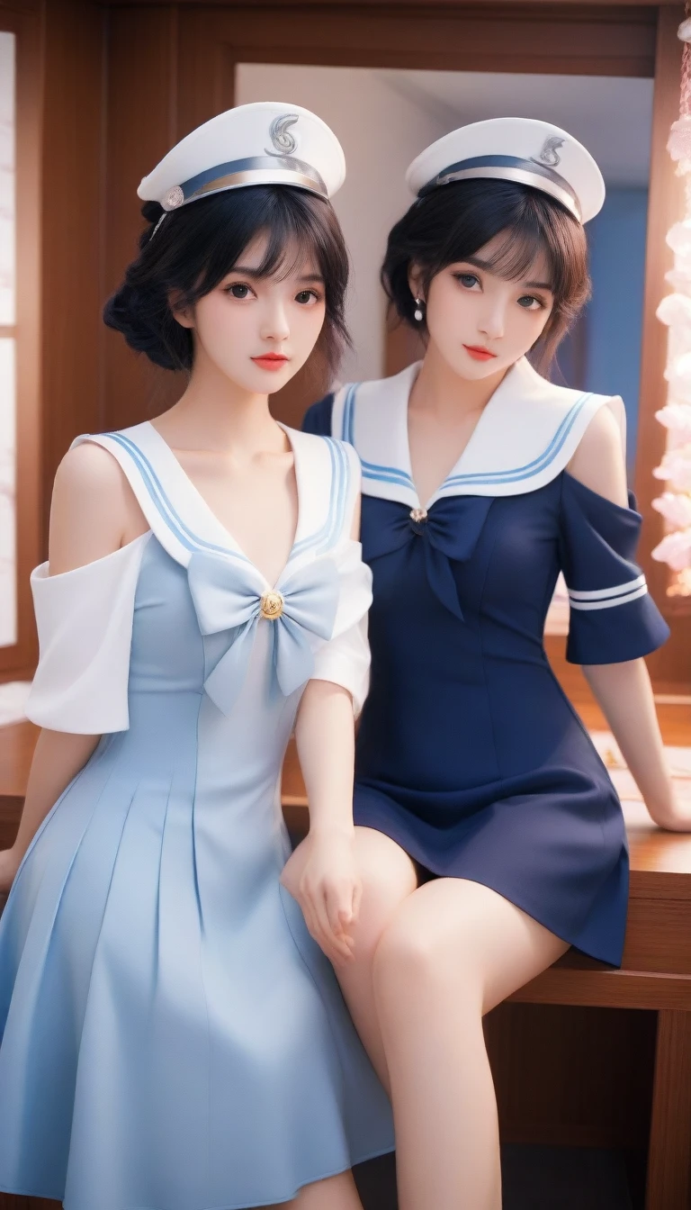 two women in sailor costumes posing for a picture in front of a mirror, trending on cgstation, trending at cgstation, japanese goddess, realistic anime 3 d style, 8k high quality detailed art, guweiz, lunar themed attire, beautiful alluring anime woman, anime styled 3d, smooth anime cg art, anime goddess