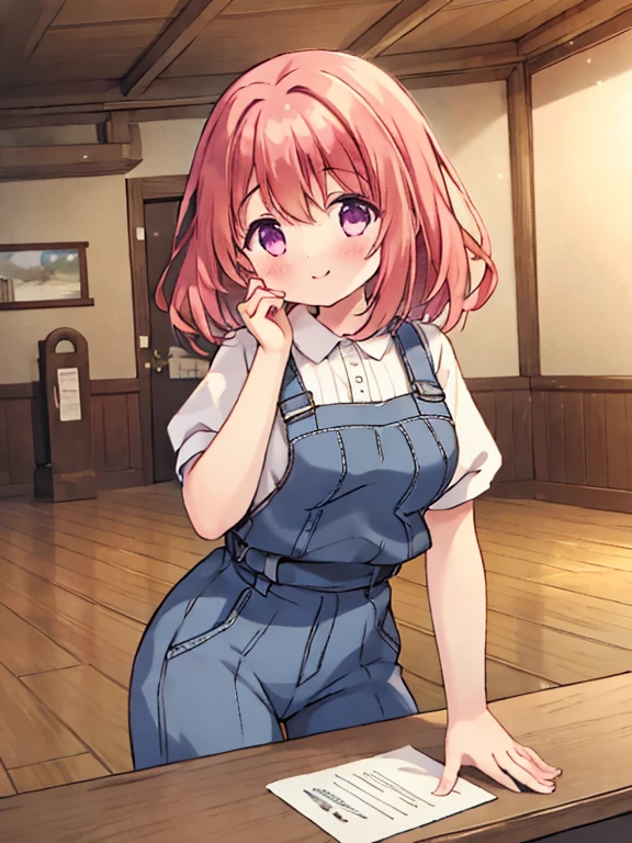 girl、across the table、smile、Put your hand on your cheek、overalls、overallsの下は裸、no shirt、nsfw、wooden table、Medieval commoner&#39;s housing