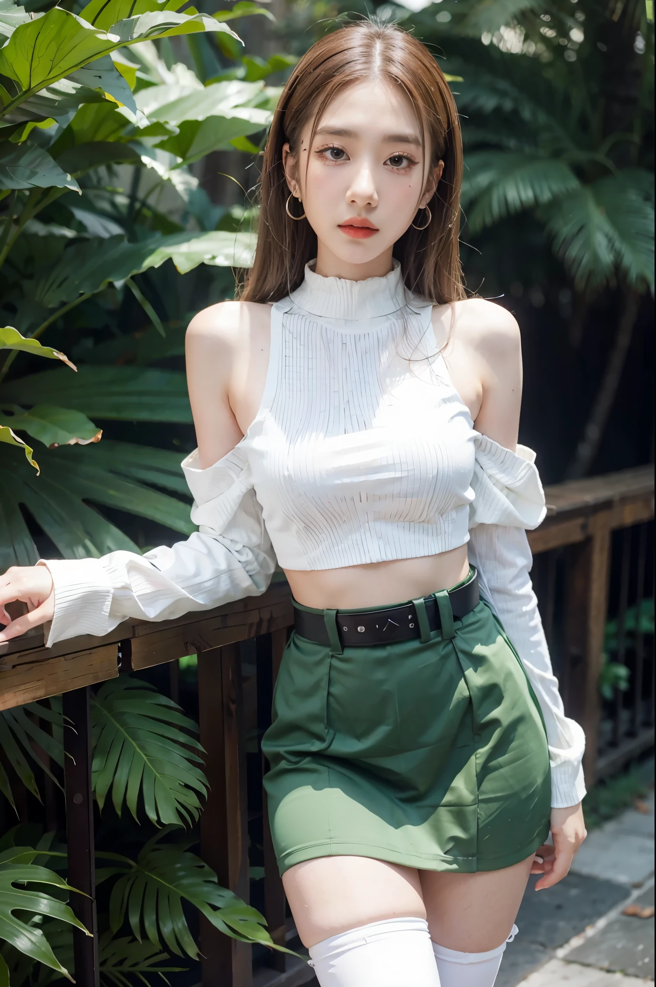 black suspender undershirt (long sleeves, bare shoulders, open waist), white miniskirt, belt at waist, light green high boots, sexy, open waist, long legs, rich details, masterpiece, superlative, realistic, HD, photographic lighting, 16k