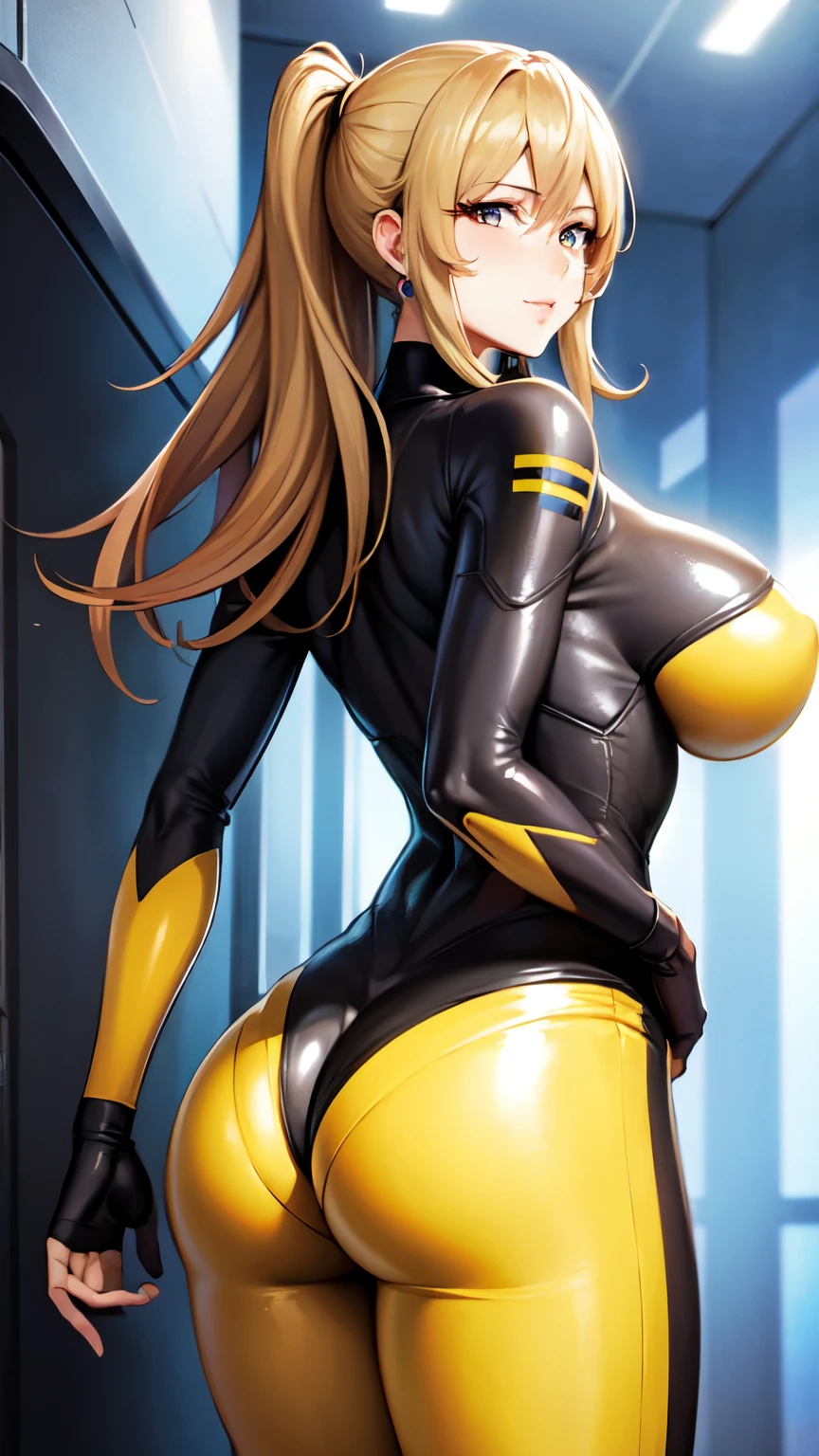 Milf, woman in a futuristic suit, highly detailed face, cool, mom, tomboy, very large breast, (Milf), mature face, (mature female), cybersuit, anime girl wearing tight suit, milfication, Elegant body, navel focus, naked body, gloves, earrings, science fiction, female protagonist, standing, volumetric light, detailed lighting, detailed textures, oppai cyberpunk, biomechanical oppai, masterpiece, (best quality eyes), detailed face, sci-fi background, futuristic landscape, (((yellow body suit))), (chuby), big tits, (((back))), (((ass))), gold long hair
