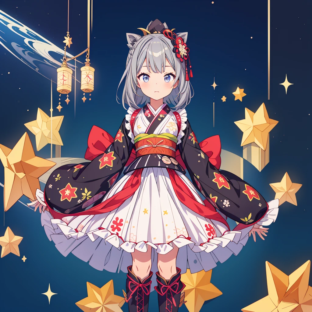 highest quality、8K,handsome face、vtuber-halfbody、A picture of the front straight towards the viewer、Star Fairy、Full body front portrait、front、1girl,highest quality、masterpiece、official art、Super detailed、super beautiful、Cute Star Fairy、Gray hair straight long、Milky Way、universe、star charm、star、baby face、Knee-high boots、Japanese pattern dress、A beautiful girl wearing black and white clothes that are a remake of a yukata.、Oiran frill dress reminiscent of universe、