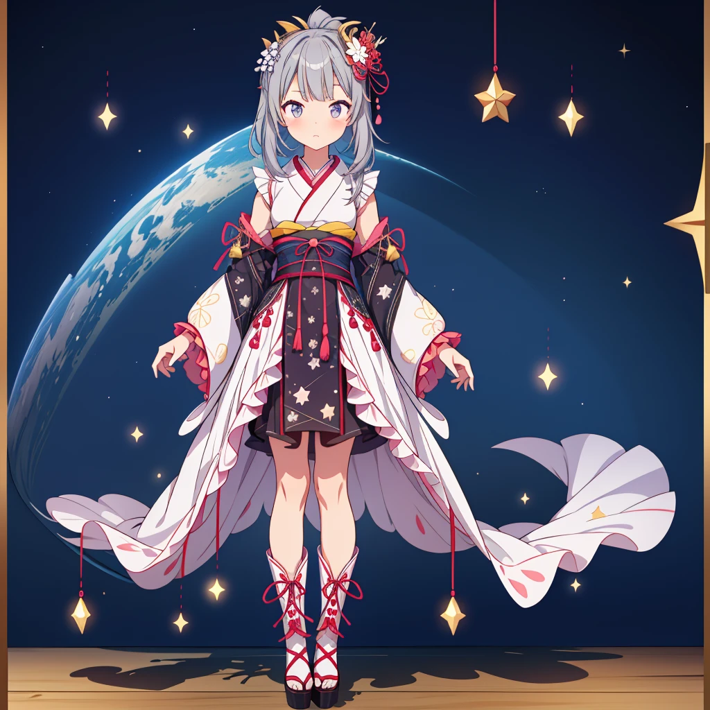 highest quality、８K,handsome face、vtuber-halfbody、A picture of the front straight towards the viewer、Star Fairy、Full body front portrait、front、1girl,highest quality、masterpiece、official art、Super detailed、super beautiful、Cute Star Fairy、Gray hair straight long、Milky Way、universe、star charm、star、baby face、Knee-high boots、Japanese pattern dress、A beautiful girl wearing black and white clothes that are a remake of a yukata.、Oiran frill dress reminiscent of universe、