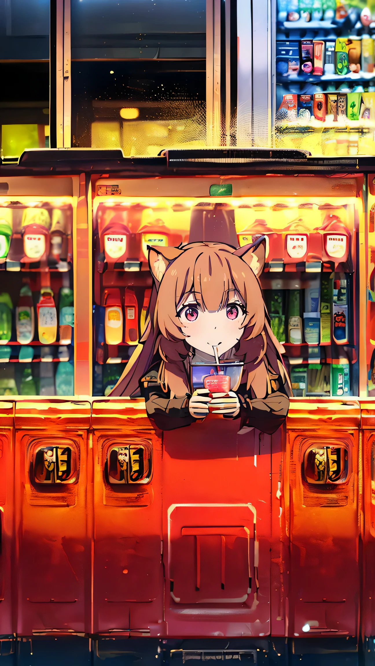 Raphtalia reincarnated in Japan, beauty、brown hair, animal ears, red eyes,cheerful smile,face is red(look here:1.8)(full body shot:0.3)Japanese street、Clerks、customer(Drinking alcohol in front of a vending machine and getting drunk:1.5)、convenience store、(car:1.8)、Passer-by、(Distant view of modern Japanese urban architecture:1.5)