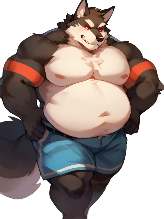 solo, male, wolf, very obese, musclegut, mature male, angry, arms crossed and fat, full black dark fur, red eyes, obese body hair, half-body, white background, by mystikfox61, by glitter trap boy, by bebebebebe