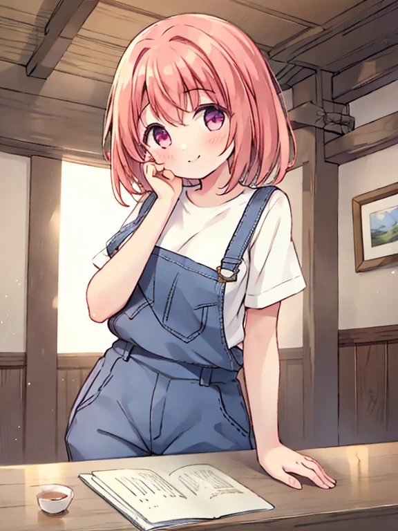 girl、across the table、smile、Put your hand on your cheek、naked overalls、Naked under overalls、no shirt、nsfw、wooden table、Medieval commoner&#39;s housing