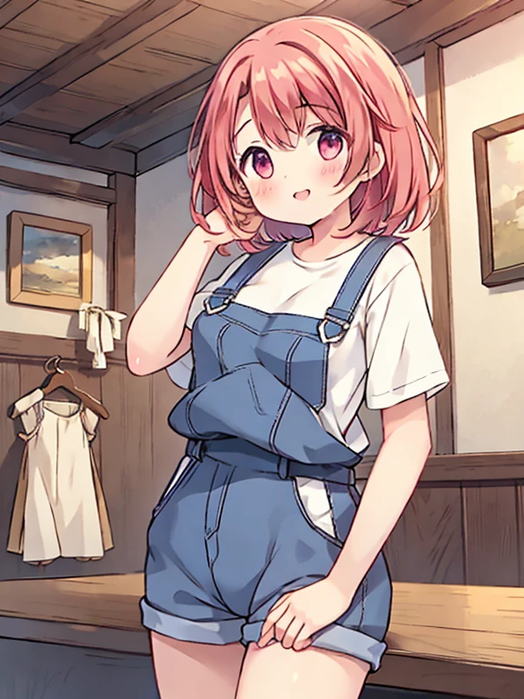 girl、across the table、smile、Put your hand on your cheek、naked overalls、Naked under overalls、no shirt、nsfw、wooden table、Medieval commoner&#39;s housing