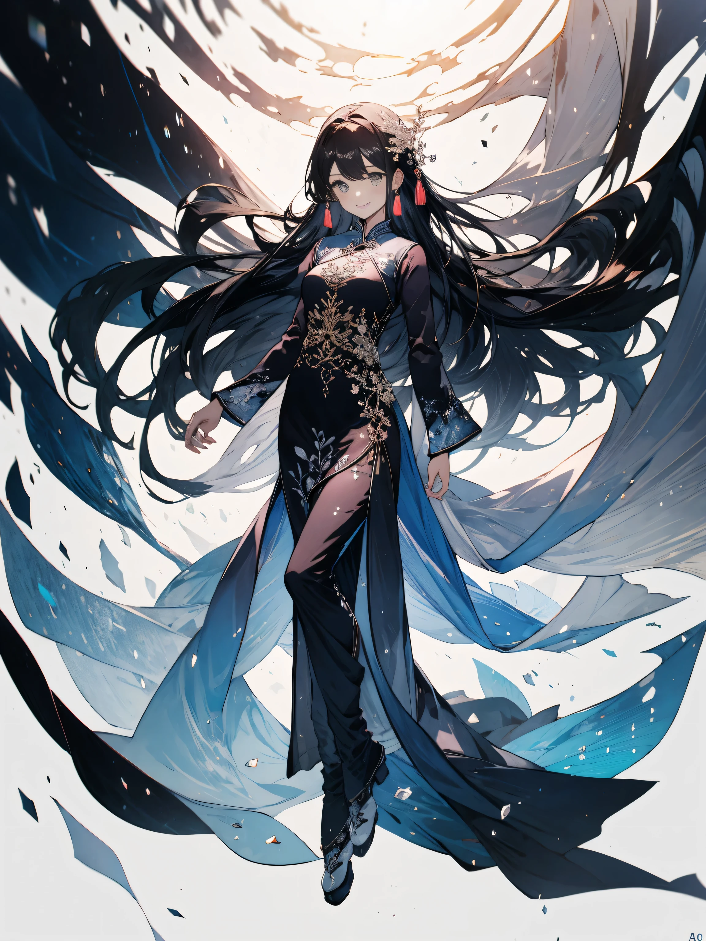 (highest quality、masterpiece、High resolution、be familiar with),(Shining eyes、detailed beautiful face)、 (1 girl), (cute smile)、(long shiny black hair)、(Ao Dai:1.5)、(Navy blue and white inner ao dai、sequined embellishments)、(Wearing Vietnamese national costume)、(full body:1.6)、dynamic angle、simple background:1.4、(beautiful anime)