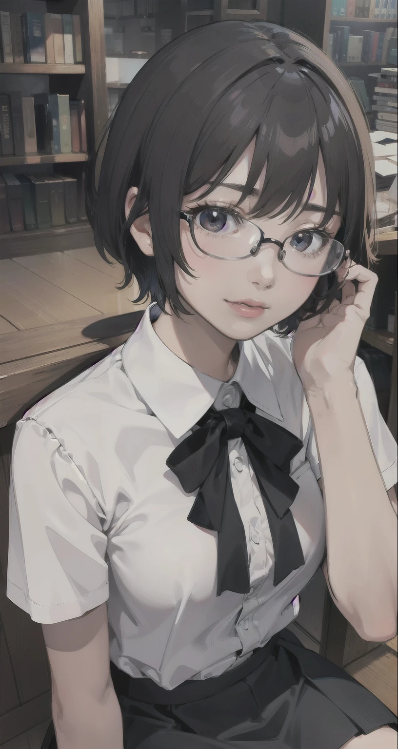 ((Master masterpiece)), ((Top image quality)), illustratio, The girls1Guys, Hair color, Bangs, Hairstyle Fax,Cat's ears、 slender、constricted hips、((Smaller chest))、A dark-haired、Simple white blouse、cafeteria、Iced tea and glasses、She looks at me with a smile、Mouth open、I open my legs to show the inside of my skirt