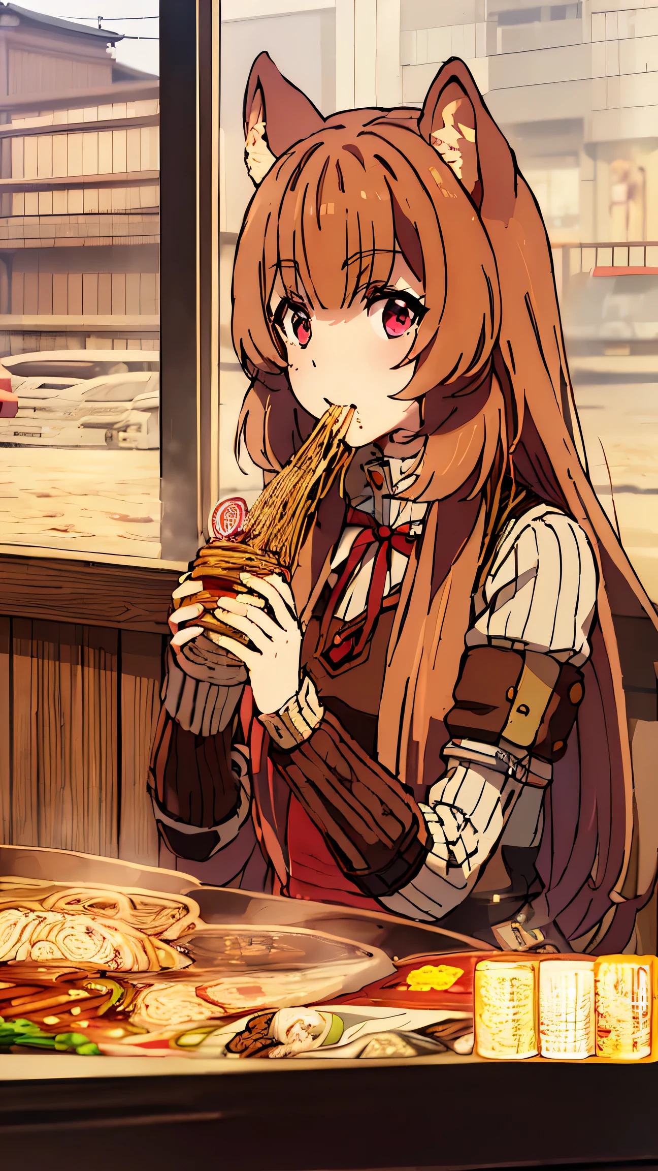 Raphtalia reincarnated in Japan, beauty、brown hair, animal ears, red eyes,small smile、(look here:1.8)(full body shot:0.3)Japanese street、(Eating ramen at the counter of a ramen shop:1.5)、convenience store、(car:1.8)、Passer-by、(Distant view of modern Japanese urban architecture:1.5)