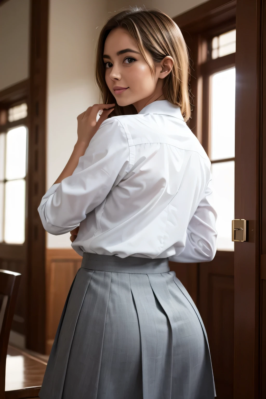 masterpiece, best quality, highres, female, 1girl, blonde, ana de armas face, ((wearing indonesian high school uniform)), smile, dynamic pose, good hand angle, (((turn back))), ((back shot)), look at the camera, bob hair, ((glossy skin))