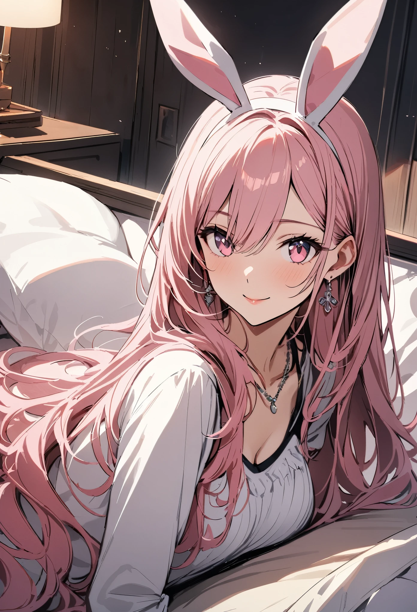 masterpiece, highest quality, Super fine, super fine, 4k, 8K, highest quality, beautiful, cute woman, alone, (beautiful pink hair, beautiful pink eyes, beautiful eyes, long hair, Bunny ears, smile),
Rest Room with cozy bed,
break prada, necklace, earrings, accessories, bag,
great lighting, bloom, Exceptional resolution, Super detailed, highest quality, High resolution, Audio Notes,
