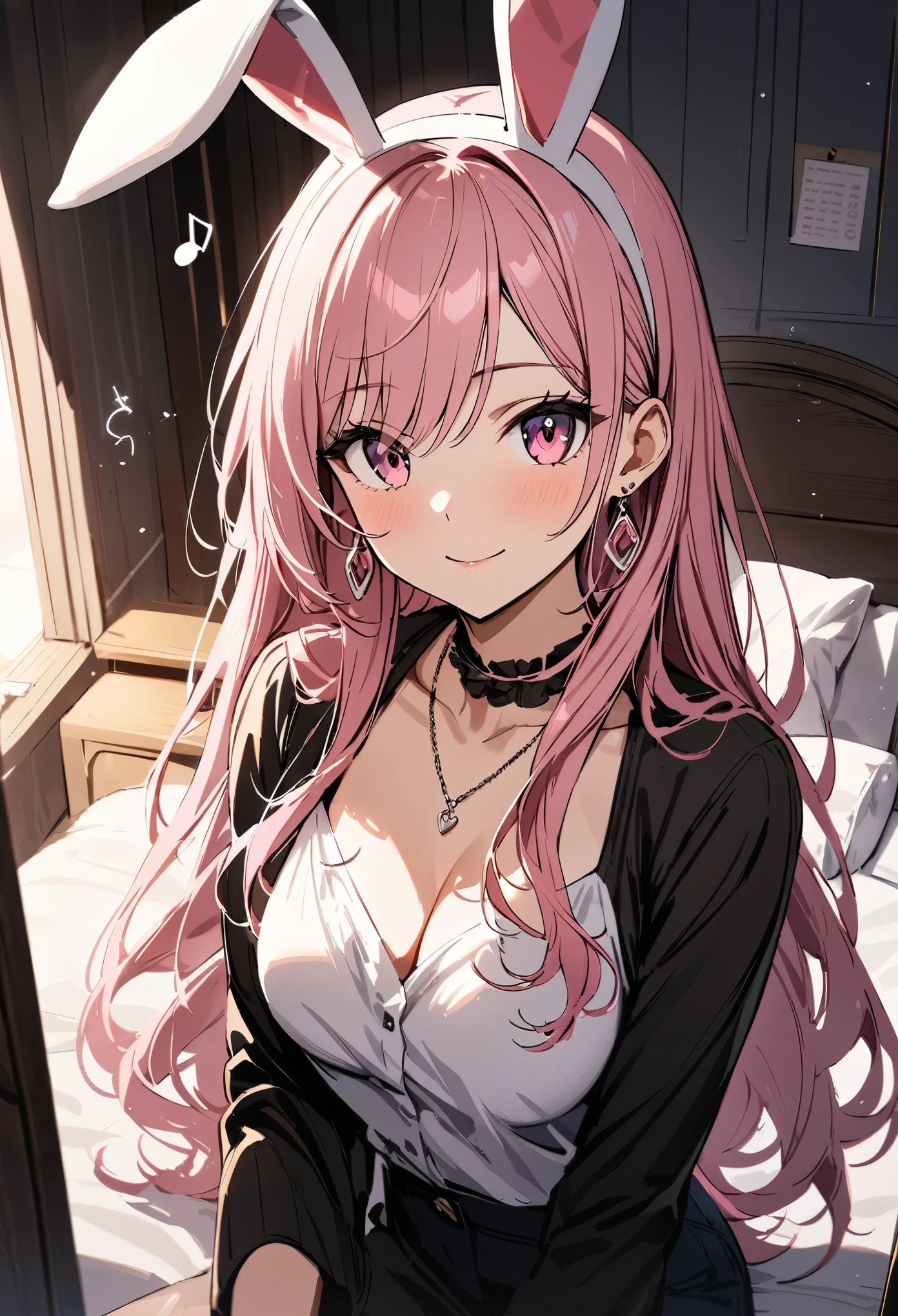 masterpiece, highest quality, Super fine, super fine, 4k, 8K, highest quality, beautiful, cute woman, alone, (beautiful pink hair, beautiful pink eyes, beautiful eyes, long hair, Bunny ears, smile),
Rest Room with cozy bed,
break prada, necklace, earrings, accessories, bag,
great lighting, bloom, Exceptional resolution, Super detailed, highest quality, High resolution, Audio Notes,