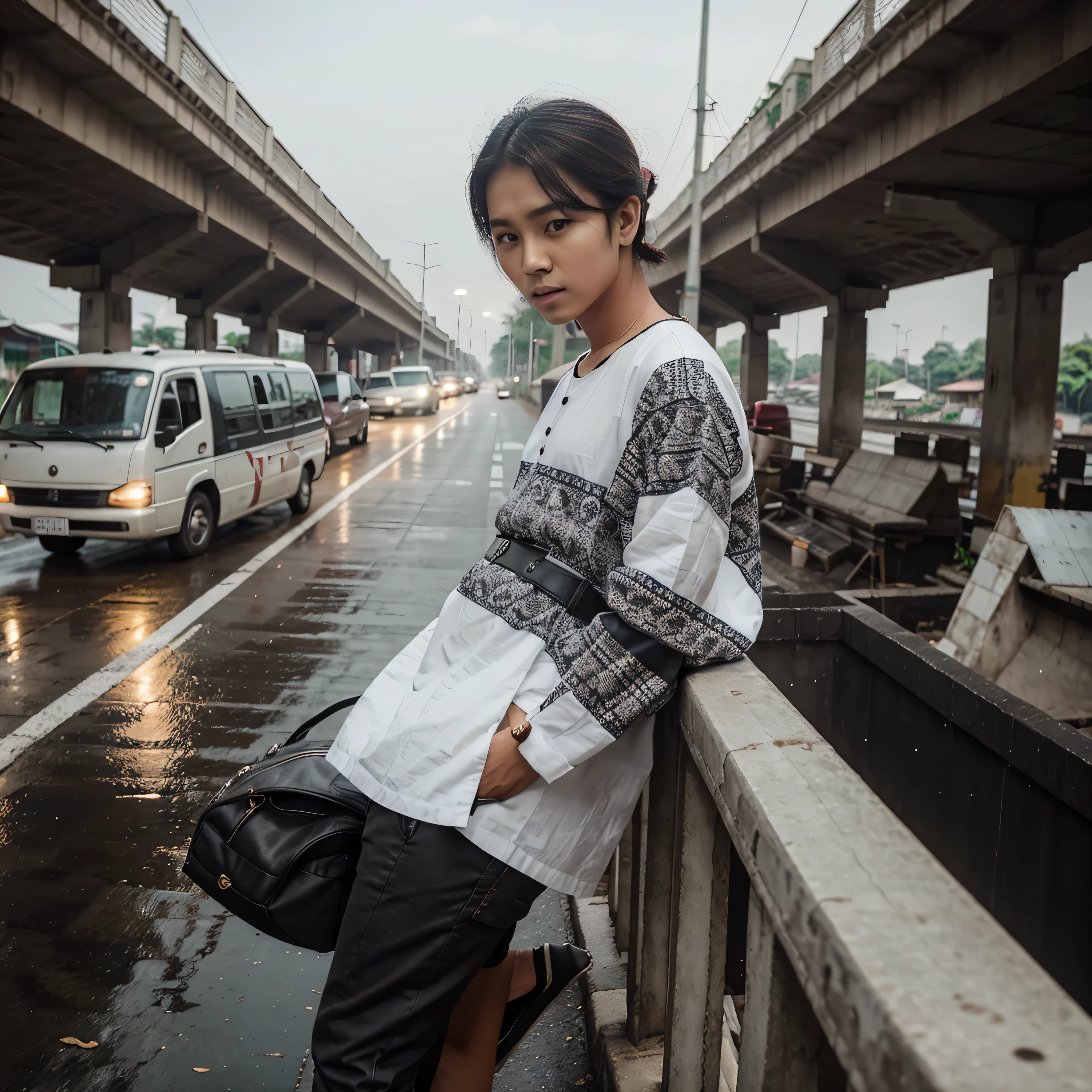 fotografi pemotretan ultrawide, seorang pria umur 14 tahun korea tampan tingi badan 171 dengan rambut pendek belah tengah, berdiri dan bersandar pada pagar jembatan saat hujan deras membasahi baju, berdiri di tepi jalan memakai swetter putih corak hitam lengan panjang sepatu bot, jembatan besar di indonesia bergaya asia, pria kesepian sedih di trotoar, gambar cantik, matahri sore menyinari, mobil lewat oleh, fotografi profesional,realistis,melihat ke kamera