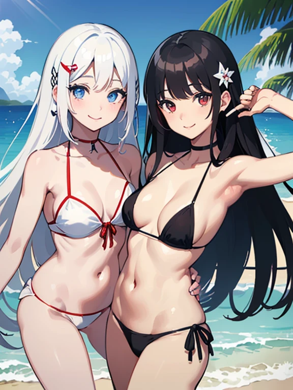 (masterpiece,Realistic)、(2girls、yuri),(happy smile:1.3),(cute face:1.5),(tareme:1.3),(black hair white hair:1.3),(blue eyes,red eyes)、(kind eyes:1.3)、(stand),(short hair,long hair),(face focus:1.3,cowboy shot),(white black bikini:1.3)、(small breasts,large breasts),(midsummer beach:1.3)、(hairpin:1.5)