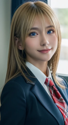 table top,highest quality,Super detailed,finely,High resolution,In 8K,((Photoreal:1.4,RAW photo,超A high resolution,best image quality:1.4)),table top、highest quality、 Super detailedな、High resolution、8k wallpaper、perfect dynamic composition,、detailed and beautiful eyes、(beautiful breasts:1.1) 、blue blazer、、white shirt、red tie、Plaid brown skirt、1 girl、beautiful girl、high school student、blonde hair、(blonde)shortcut、hide left eye with hair、red eyes、smile