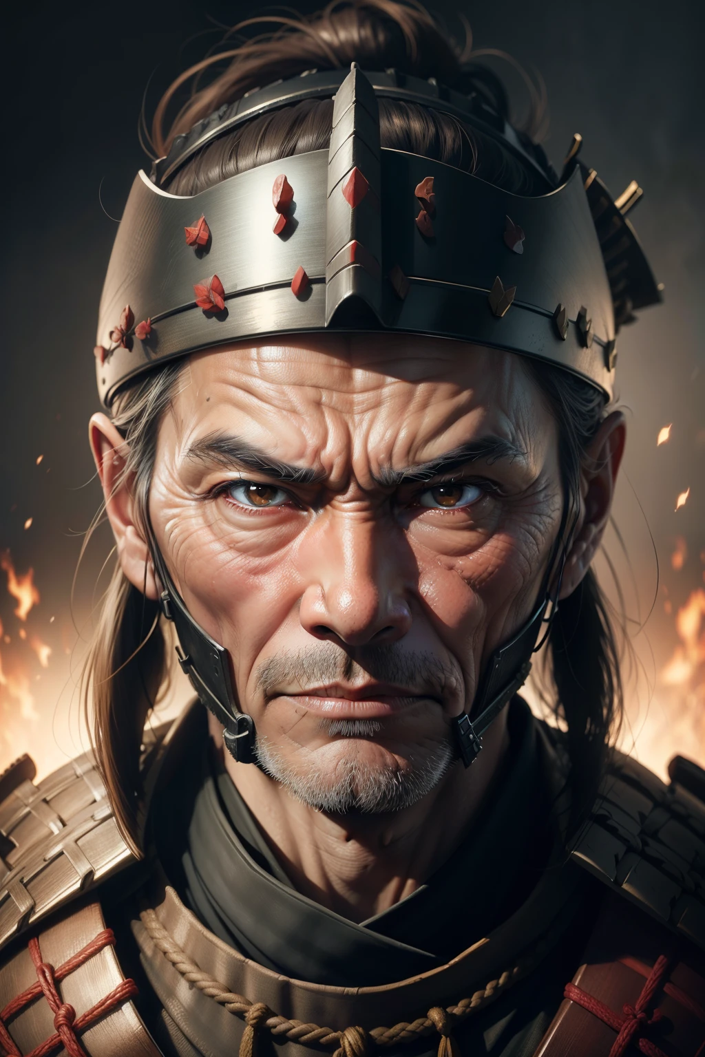 Realistic ultra HD close-up portrait，A samurai wearing a war mask, Wrinkles ,Facial expressions show strong emotions