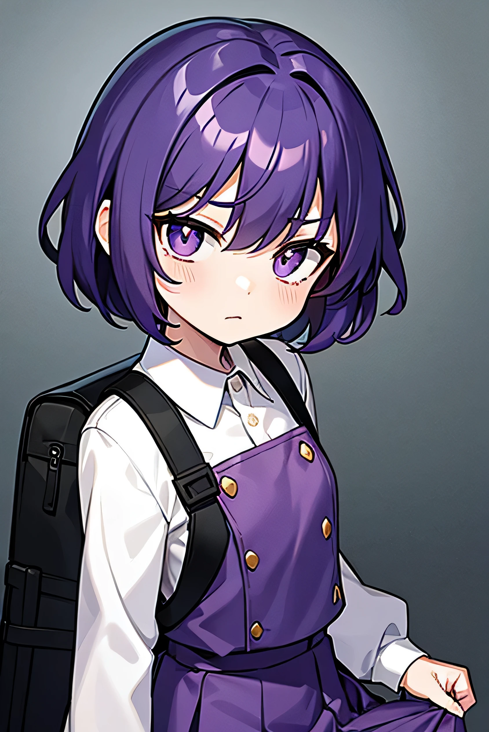purple hair, flipped hair, purple eyes, military uniform, childish features, short, tight skirt, white , dark blue skirt, kind eyes, dark expression, flipped hair, short, classroom, flipped hair, round Eyes, stupid hair are sad,
Droopy eyes, flat chest, , dark room, looking down, carrying a backpack, standing alone, medium hair
