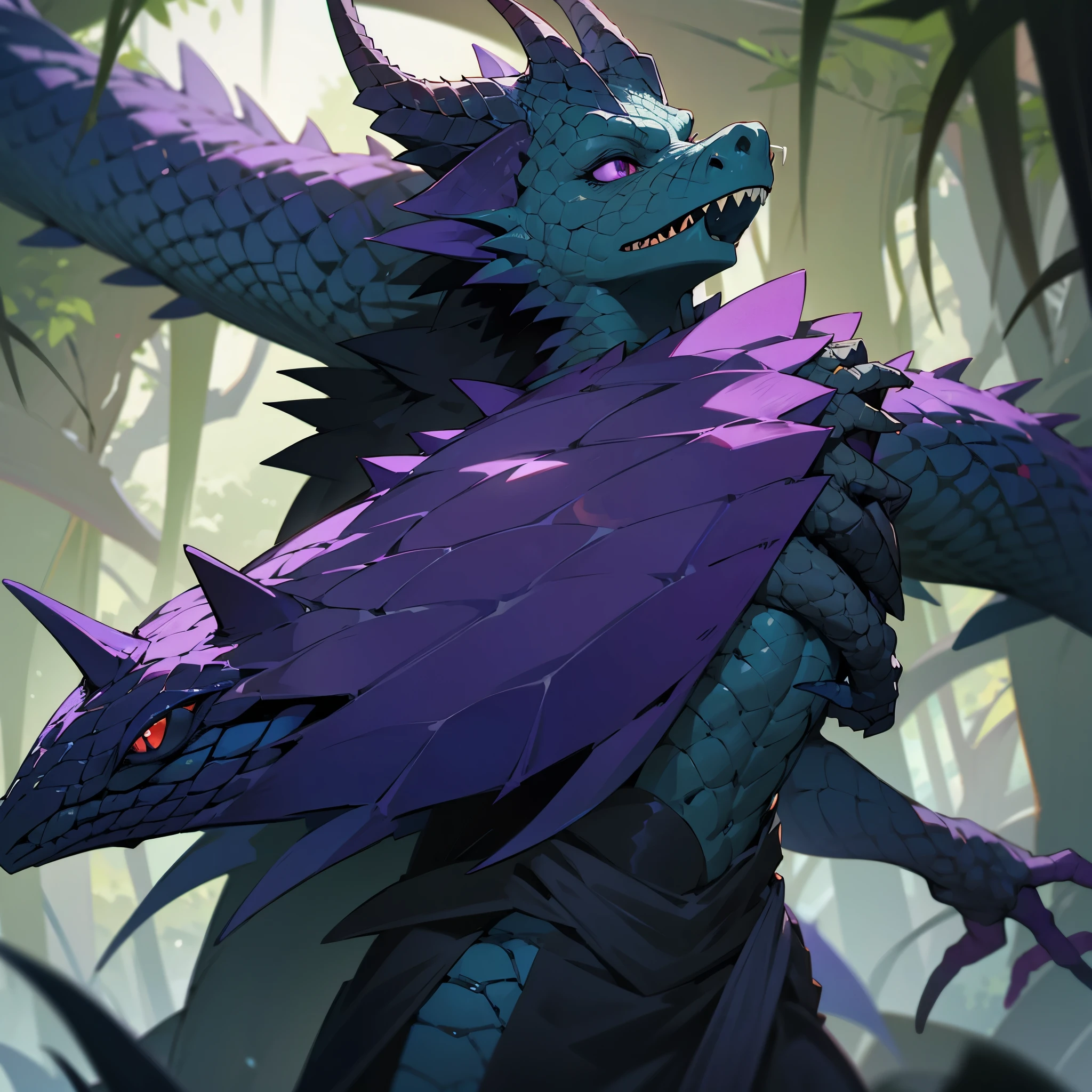 black skin, anthropomorphic lizard, long tail lizard, crocodile  head, purple eyes, reptile skin, bipese, horns, dorsal spines, asexual, sharp teeth, holding a spear, Intricate details, Perfect anatomy, Beautiful fingers, solo focus, upright, Swamp dwellers' traditional attire, toned arms, defined abs, robust, proportional body, two small volumes on the chest.
