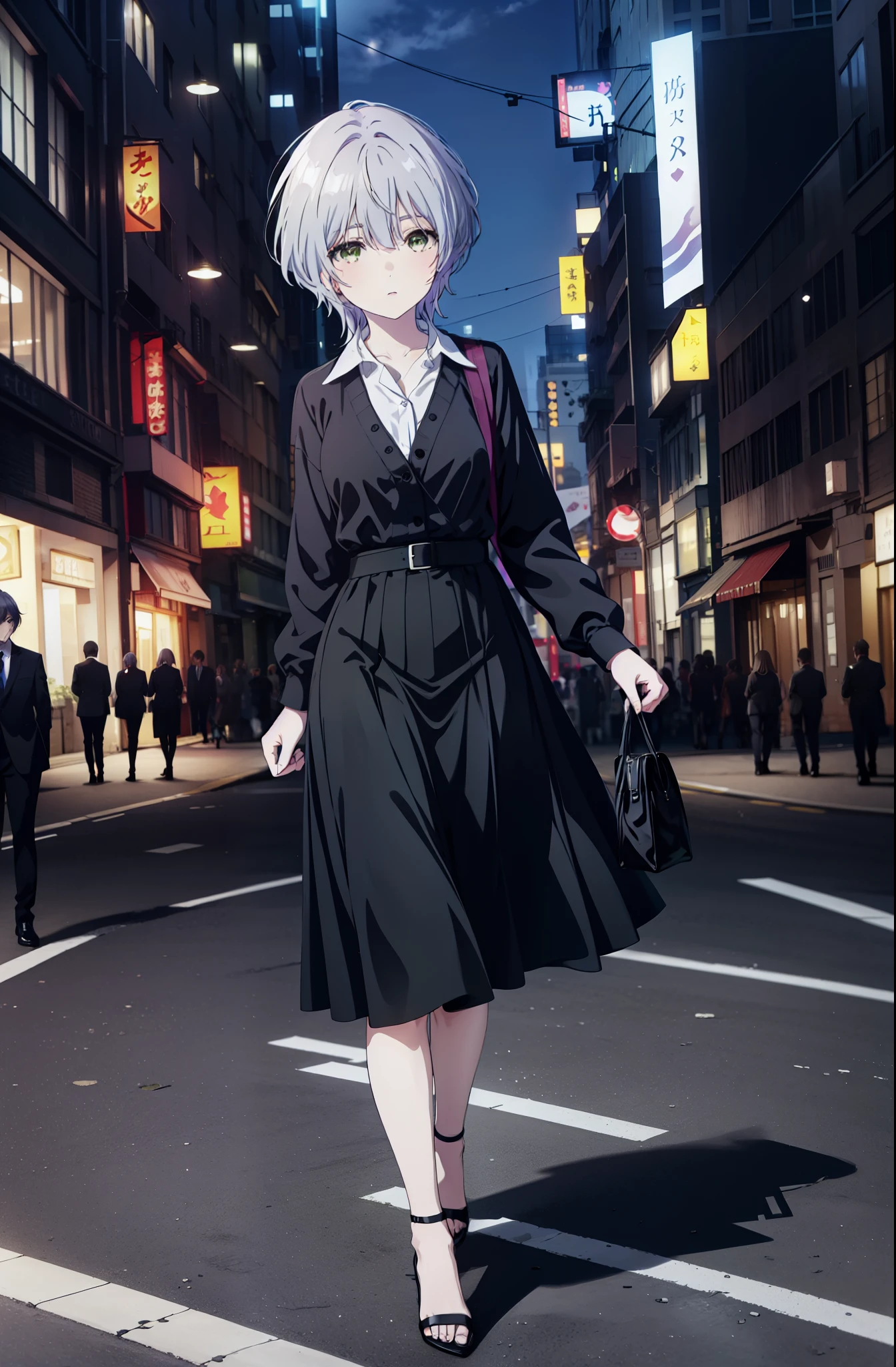 fuukakikuchi, fuuka kikuchi, short hair, bangs, hair between eyes, (green eyes:1.3), gray hair,
black suit jacket, collared jacket, white dress shirt, collared shirt, neckline, button, strap, ID card on neck, black pencil skirt, black pantyhose, stiletto heels,looking at the viewer, (Medium chest:1.2),stiletto heels,daytime,walk,business bag,
break outdoors, city,building street,
break looking at viewer,
break (masterpiece:1.2), highest quality, High resolution, unity 8k wallpaper, (shape:0.8), (fine and beautiful eyes:1.6), highly detailed face, perfect lighting, Very detailed CG, (perfect hands, perfect anatomy),