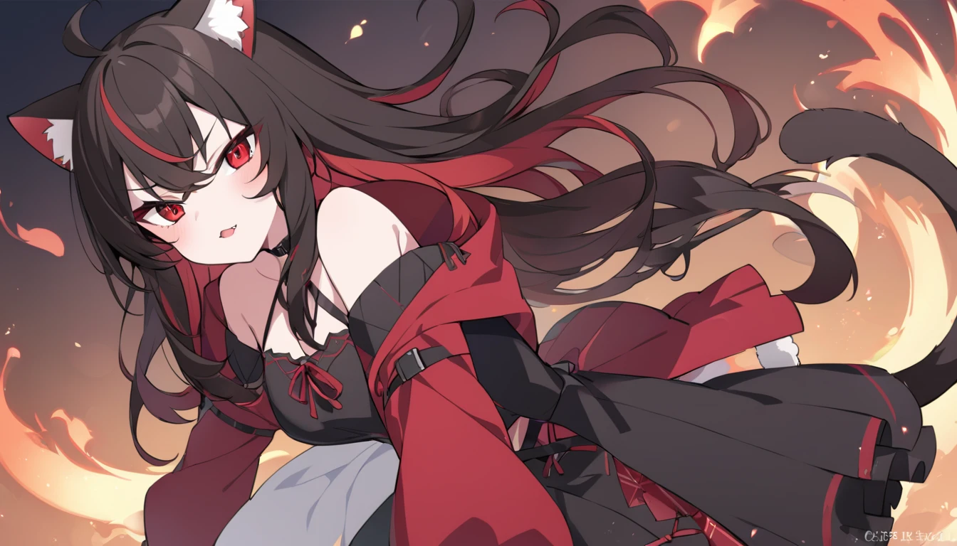 very beautiful girl、Kurokami、long、perm、red eyes、beautiful eyes、Cat ear