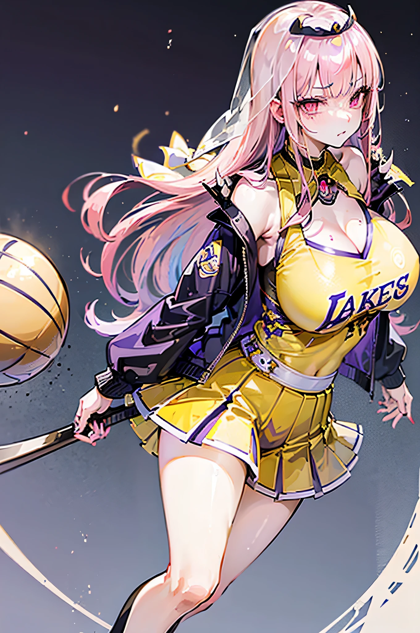 (((Calliope Mori, playing))) being part of the (( los angeles Lakers team)), (as the player 3), ((wearing the yellow Lakers attire)), Having a ((big breast)), ((((1Girl)))), with the yellow or purple skirt