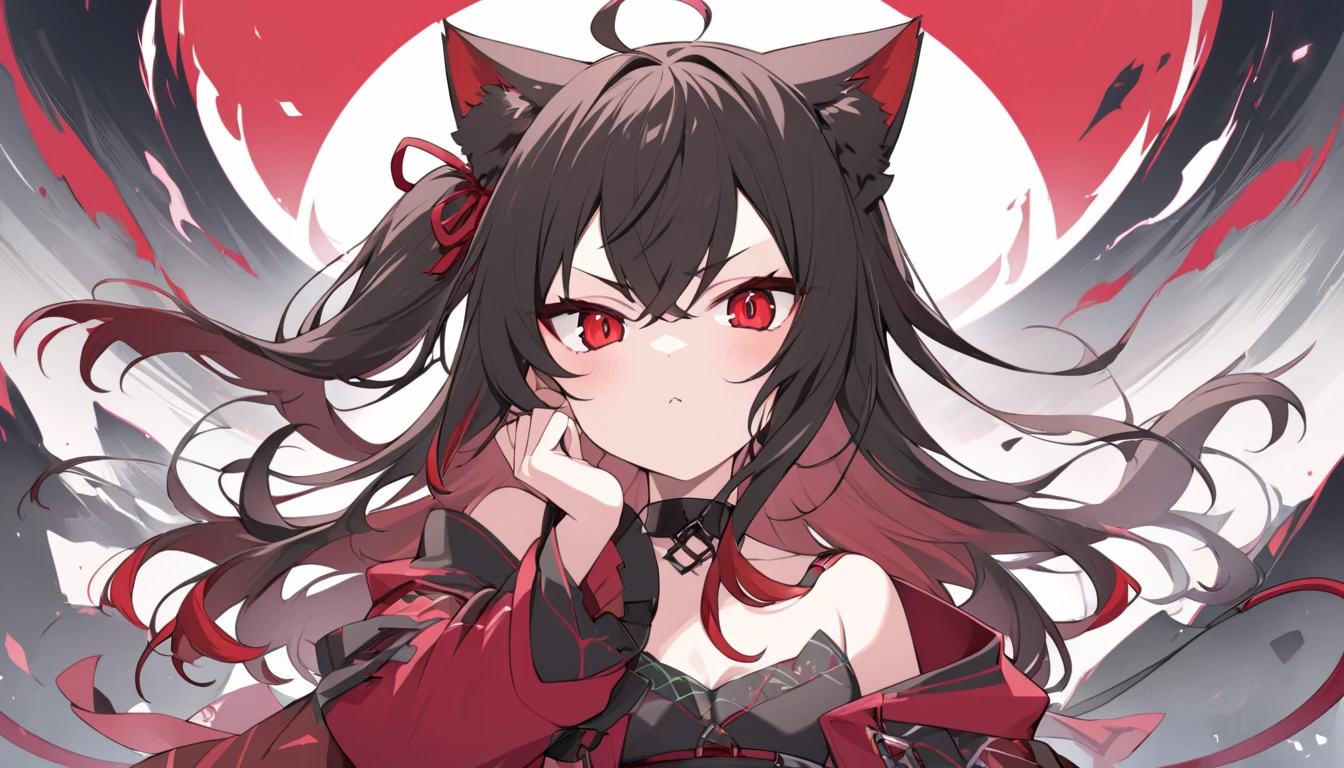 very beautiful girl、Kurokami、long、perm、red eyes、beautiful eyes、Cat ear