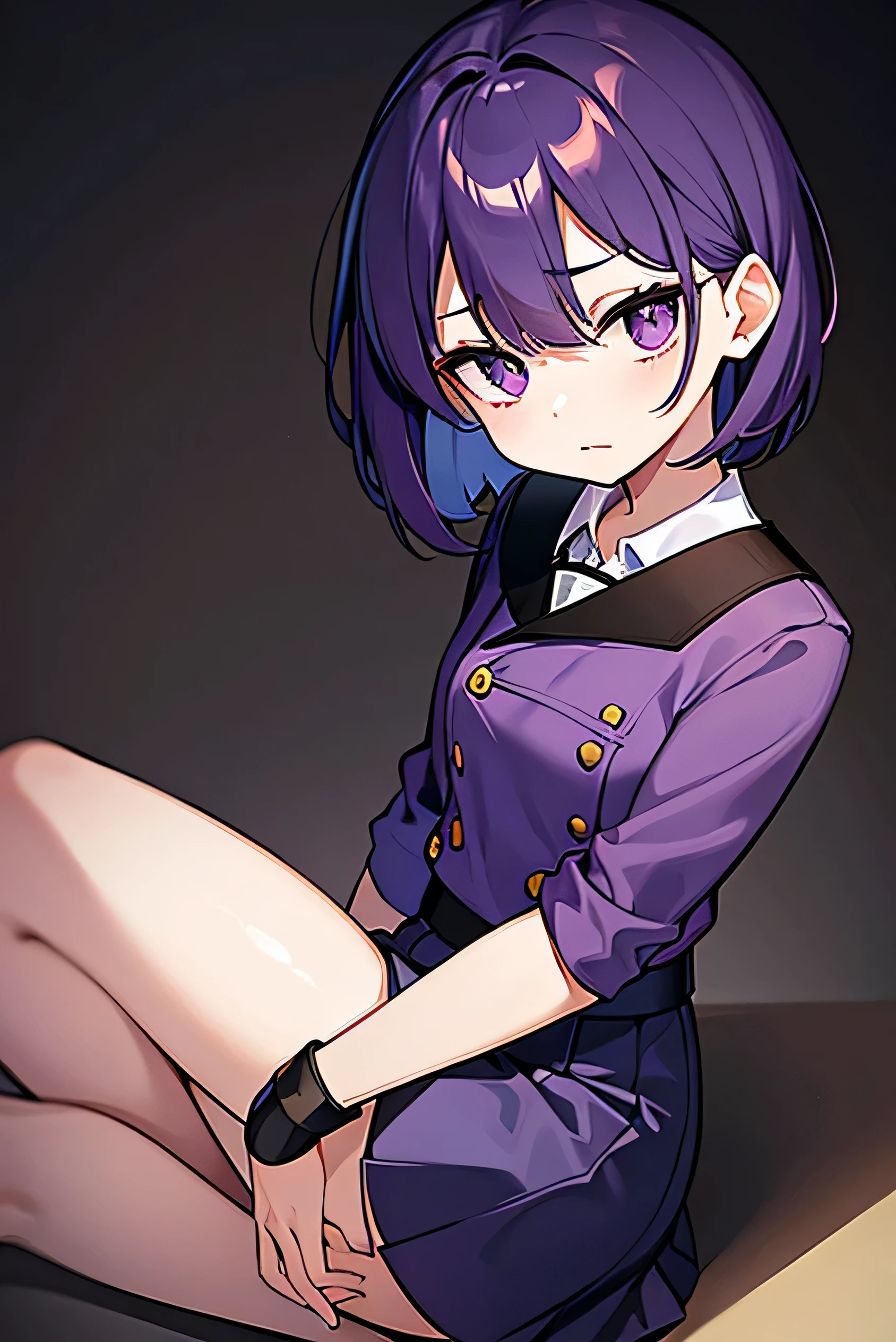 purple hair, flipped hair, purple eyes, military uniform, childish features, short, tight skirt, white , dark blue skirt, kind eyes, dark expression, flipped hair, short, classroom, flipped hair, round Eyes, stupid hair, shoulder-length hair, sad,
Droopy eyes, flat chest, 12 years old, school classroom, looking down