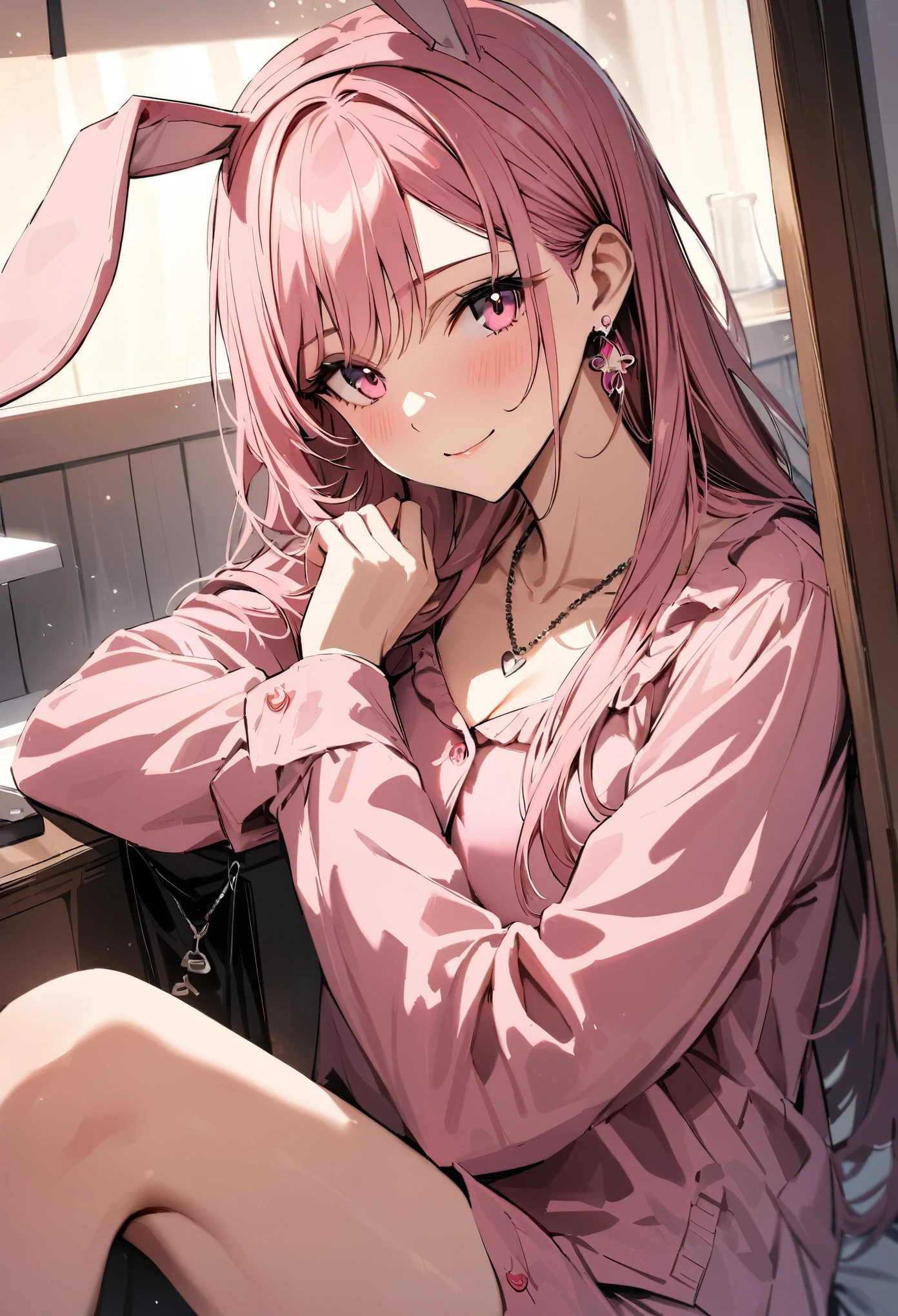 masterpiece, highest quality, Super fine, super fine, 4k, 8K, highest quality, beautiful, cute woman, alone, (beautiful pink hair, beautiful pink eyes, beautiful eyes, long hair, Bunny ears, smile),
Rest Room with cozy bed, pajamas,
break prada, necklace, earrings, accessories, bag,
great lighting, bloom, Exceptional resolution, Super detailed, highest quality, High resolution, Audio Notes,