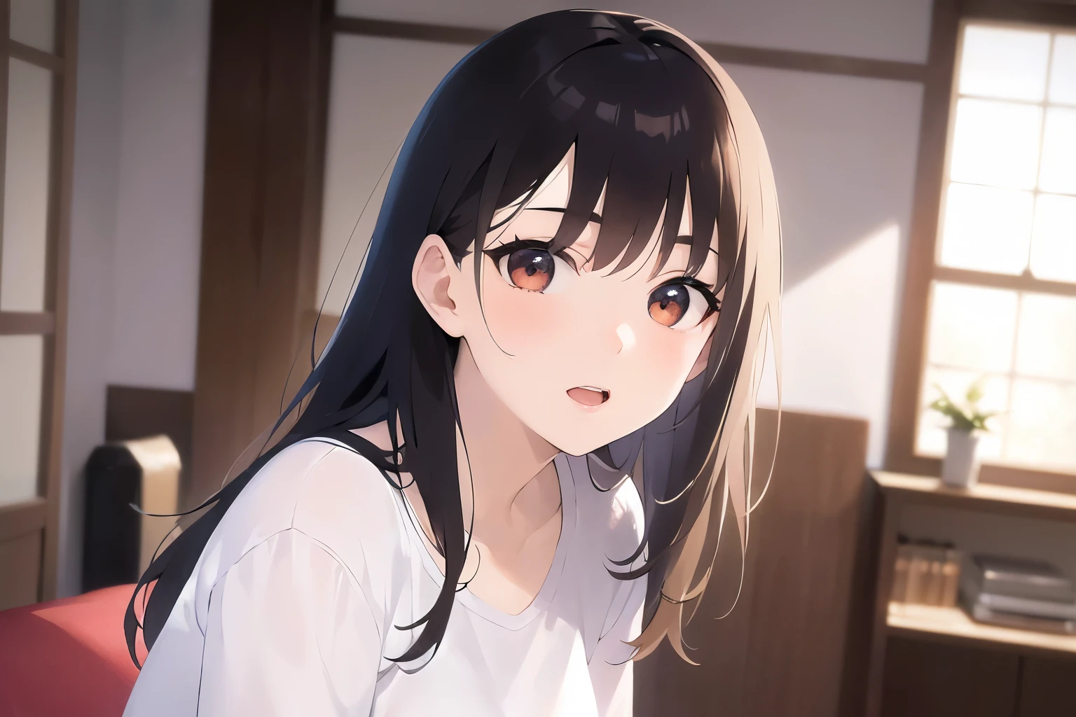 (leaning forward:1.5), Upper Body, Realistic, real person, (pale skin: 1.2), RAW photo, photorealistic, portrait photography, shiny skin, japanese idol、shiny hair、(25 year old woman with medium hair with bangs) and (wavy hair) and (brown hair) and (orange eyes) , plain white t-shirt 、smile, open mouth, embarrassed、The background is the living room、Alone、Are standing
