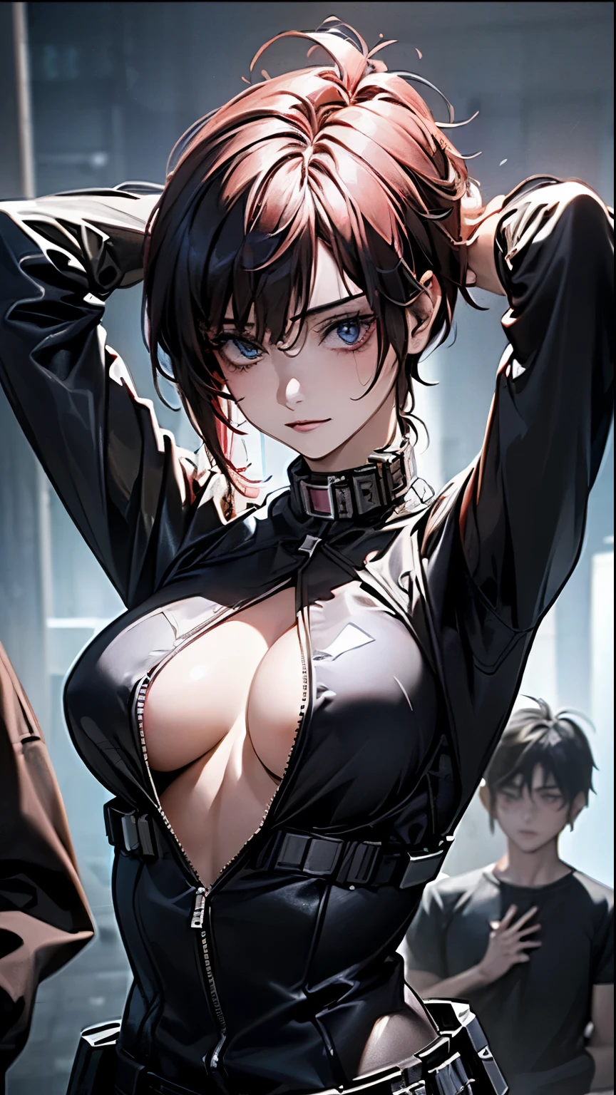 ((highest quality)), ((masterpiece)), (high detail:1.3), 3D, beautiful feces (cyberpunk:1.3) colored hair、Hacker woman in black clothes looking at camera、focused on breastedium breasts、bright lighting, ((1 boy, a boy is grabbing girl's from breasts fron behihd, arms up))