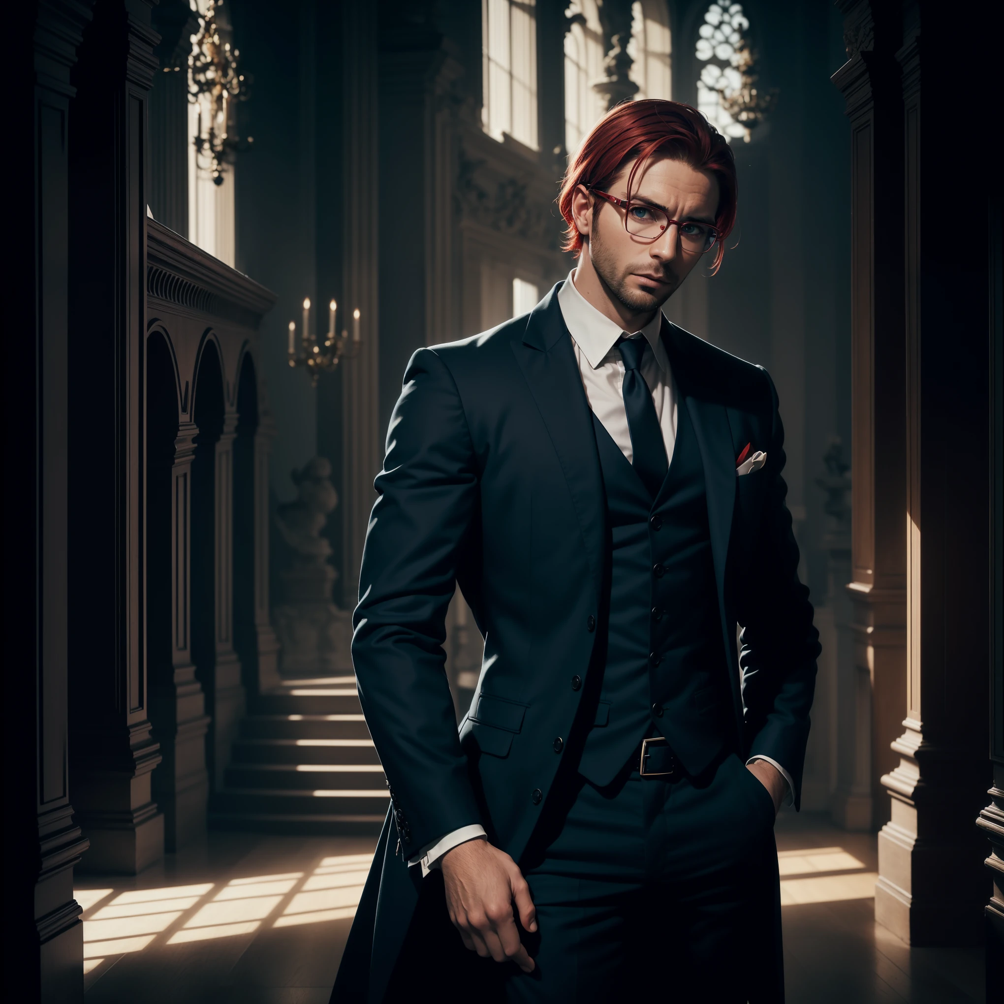 35-year-old European man, handsome, wears a classic shirt and classic trousers, The face of a handsome male model (model appearance), glasses, (((Short red hair))), excellent expression, interior of a large antique library, dramatic lighting, fantasy art