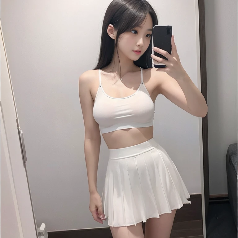 debris flies、highest quality、super fine、got it、High resolution、8k wallpaper、perfect dynamic composition、(((Full body Esbian)))、((from below))、20 year old cute girl、detailed beautiful face、delicate and cute eyes、fine-textured skin、My cheeks turned red、(wavy black hair)、thin legs、Please generate at the eaves、take a selfie with your mobile phone、room、wearing a tank top、white background、wearing a skirt、I can see your pants、panty shot、The exact shape of the areola、transparent areola、The nipples are transparent、Taking a selfie in front of the mirror with your smartphone、no padding