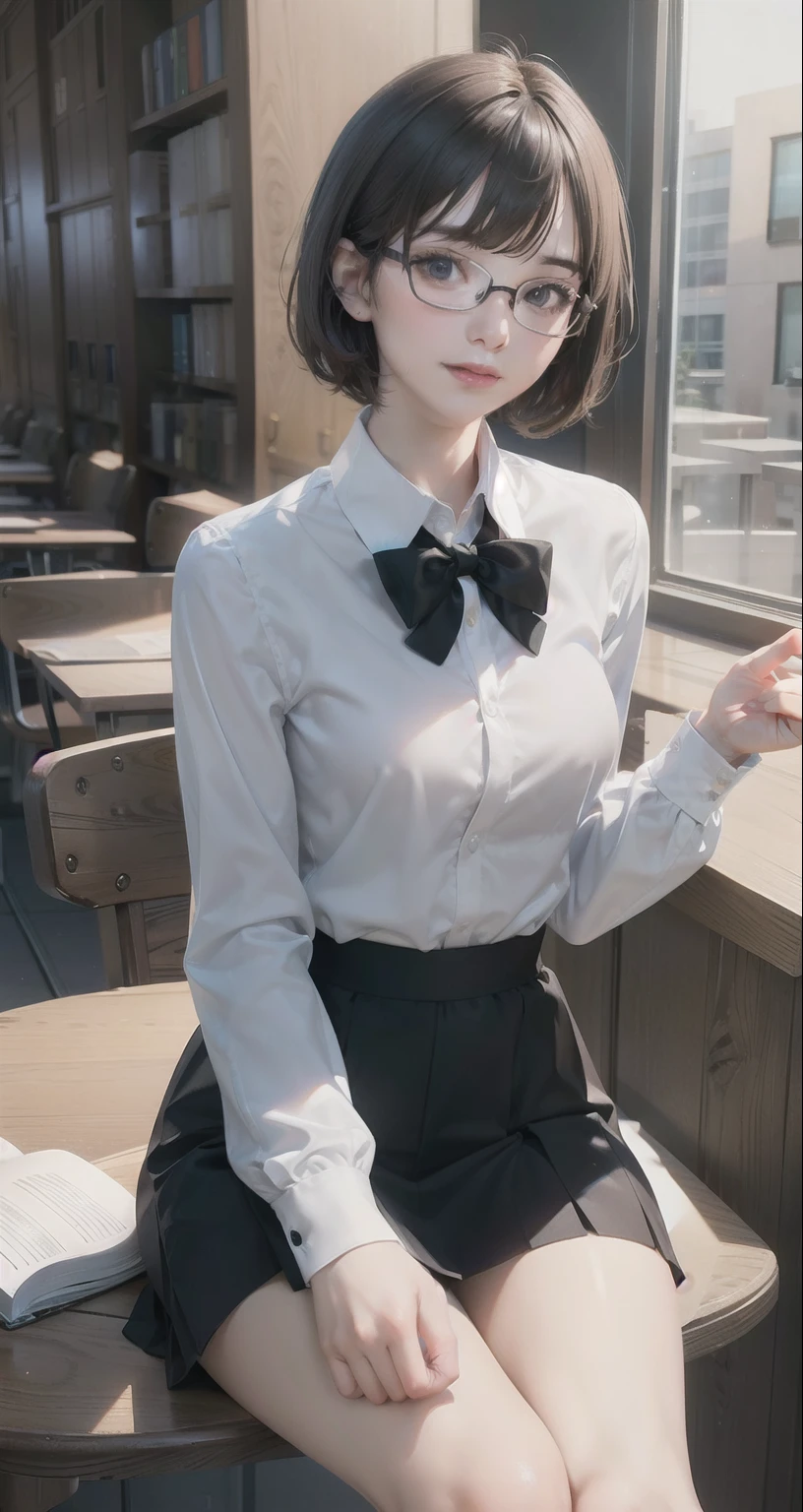 { masterpiece : best quality : detailed face : high resolution : detailed lips : unity 8k wallpaper : 3d realistic illustration } { Background = Library } { Teenager : Short smart hair : : perfect slender body : perfectly small shape breast : glasses : : white collar shirt : knee-lengthblack skirt : sitting : studying}