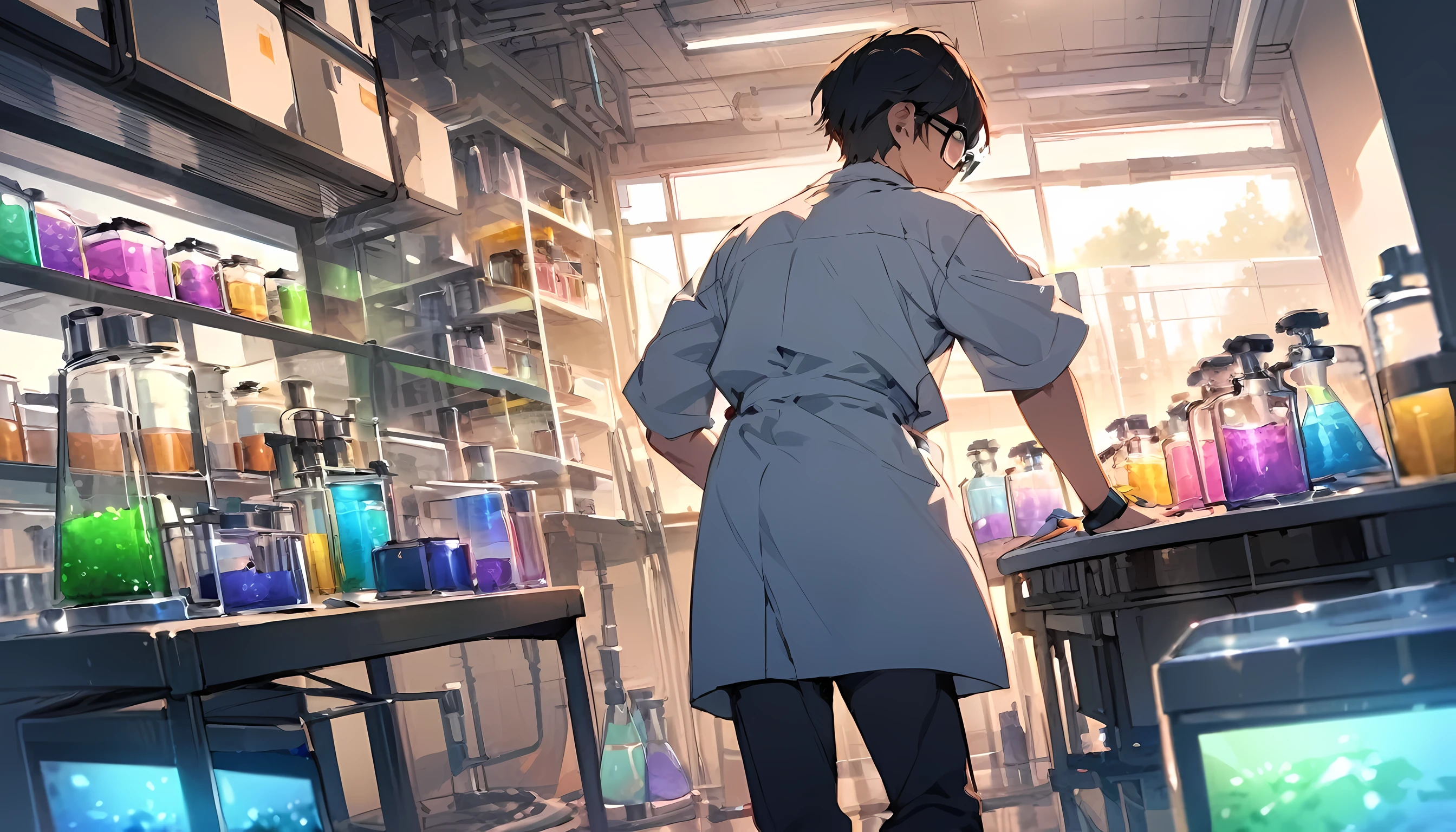 Wide view of A young ager japanese man, working inside the laboratory,, looking at chemicals, wearing spectacles, wearing laboratory dress