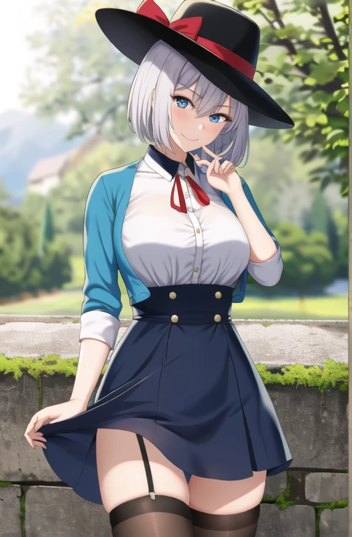 masterpiece, highest quality, High resolution, gentle short bob, blue eyes, 1 girl, alone, blue ribbon, eyelash, black thighs, neck ribbon, No sleeve, bangs, clavicle, bare arms, pink dress, red coat, black hat, outdoor, looking at the viewer, Landscape, Profile character, look over your shoulder, smile, skirt went up, Panty shot, panties, tight panties, Red panties, put your hand on your back,