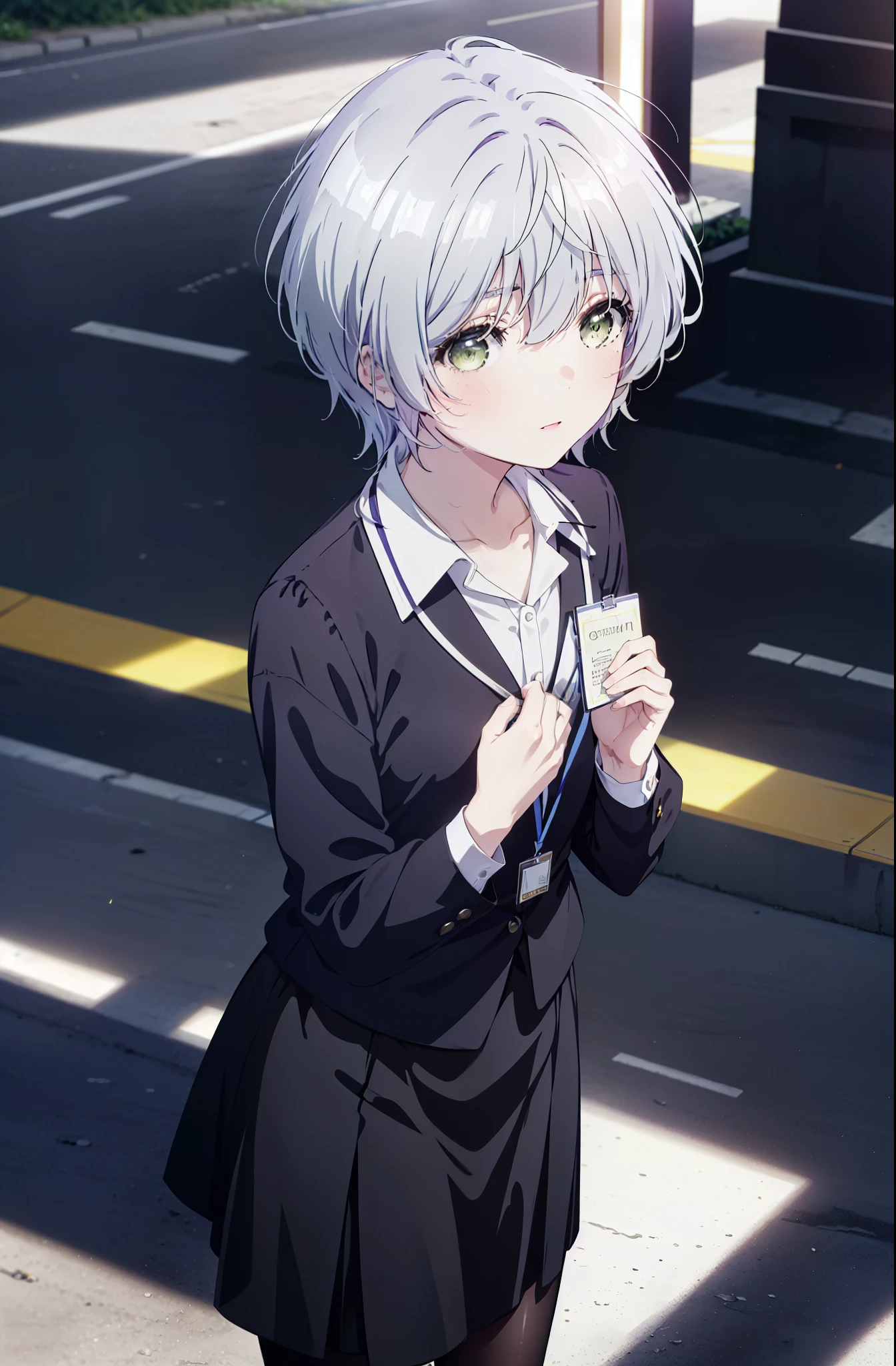 fuukakikuchi, fuuka kikuchi, short hair, bangs, hair between eyes, (green eyes:1.3), gray hair,smile,blush,
black suit jacket, collared jacket, white dress shirt, collared shirt, neckline, button, strap, ID card on neck, black pencil skirt, black pantyhose, Heel,looking at the viewer, (Medium chest:1.2),morning,morning日,the sun is rising,
break outdoors, city,building street,
break looking at viewer,
break (masterpiece:1.2), highest quality, High resolution, unity 8k wallpaper, (shape:0.8), (fine and beautiful eyes:1.6), highly detailed face, perfect lighting, Very detailed CG, (perfect hands, perfect anatomy),