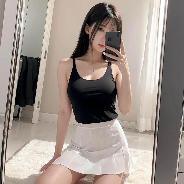 debris flies、highest quality、super fine、got it、High resolution、8k wallpaper、perfect dynamic composition、(((Full body Esbian)))、((from below))、20 year old cute girl、detailed beautiful face、delicate and cute eyes、fine-textured skin、My cheeks turned red、(wavy black hair)、thin legs、Please generate at the eaves、take a selfie with your mobile phone、room、wearing a tank top、white background、wearing a skirt、I can see your pants、panty shot、The exact shape of the areola、transparent areola、The nipples are transparent、Taking a selfie in front of the mirror with your smartphone、no padding