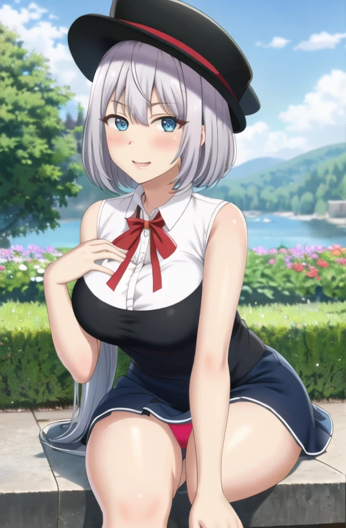 masterpiece, highest quality, High resolution, gentle short bob, blue eyes, 1 girl, alone, blue ribbon, eyelash, black thighs, neck ribbon, No sleeve, bangs, clavicle, bare arms, pink dress, red coat, black hat, outdoor, looking at the viewer, Landscape, Profile character, look over your shoulder, smile, skirt went up, Panty shot, panties, tight panties,  Red panties, put your hand on your back, 