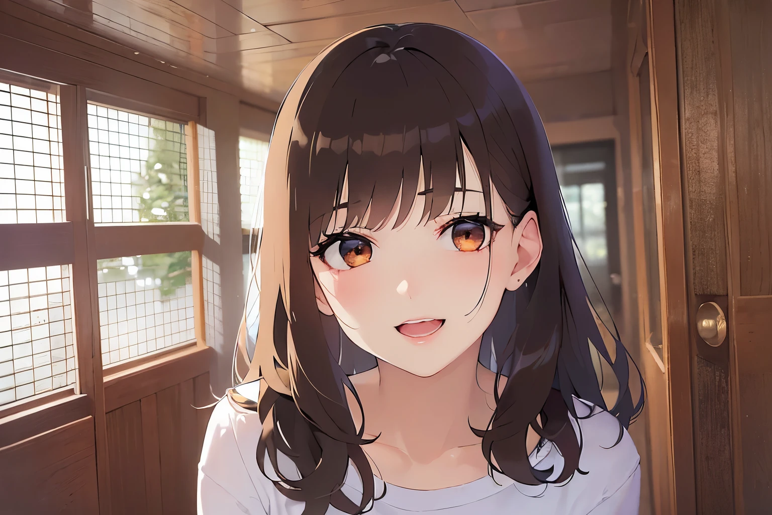 (leaning forward:1.5), Upper Body, Realistic, real person, (pale skin: 1.2), RAW photo, photorealistic, portrait photography, shiny skin, japanese idol、shiny hair、(25 year old woman with medium hair with bangs) and (wavy hair) and (brown hair) and (orange eyes) , plain white t-shirt 、(smile:1.2), open mouth, embarrassed、The background is the living room、Alone、Are standing