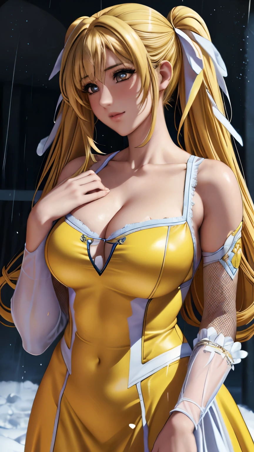 orange eyes, (highest quality, masterpiece painting:1.3), immature woman, , (half body shot), masterpiece, ultra high resolution, (Photoreal:1.0), yellow hair, pigtails, straight hair, beautiful shining hair, white and shining skin, ((Ultra realistic details)), octane rendering, highly detailed face, (big breasts:0.8), ((Heart with both hands:1.2)), She wears stunning costumes inspired by Belle Époque style, flowing gold dress decorated with lace and ribbons, (clothing: gold belle époque dress with lace and ribbons),cleavage, perfect body, soft skin, anime face, perfect face, perfect eyes, looking at the viewer, smart, snow scene, ((snow falling)), ((fantastic night)), ((outdoors)), sharp focus, intricate details, professional artwork, (bright colors:1.1), bright colors, diffused lighting, digital blending, ultra-definition body, ultra detail hair, super detailed face, that&#39;It&#39;s trending on pixiv, top button open, Cute gaze, compensate, perfect lips, perfect compensate, Ultra-precision coating,  (light_smile:0.8), (Very embarrassed:1.2), blush your nose,