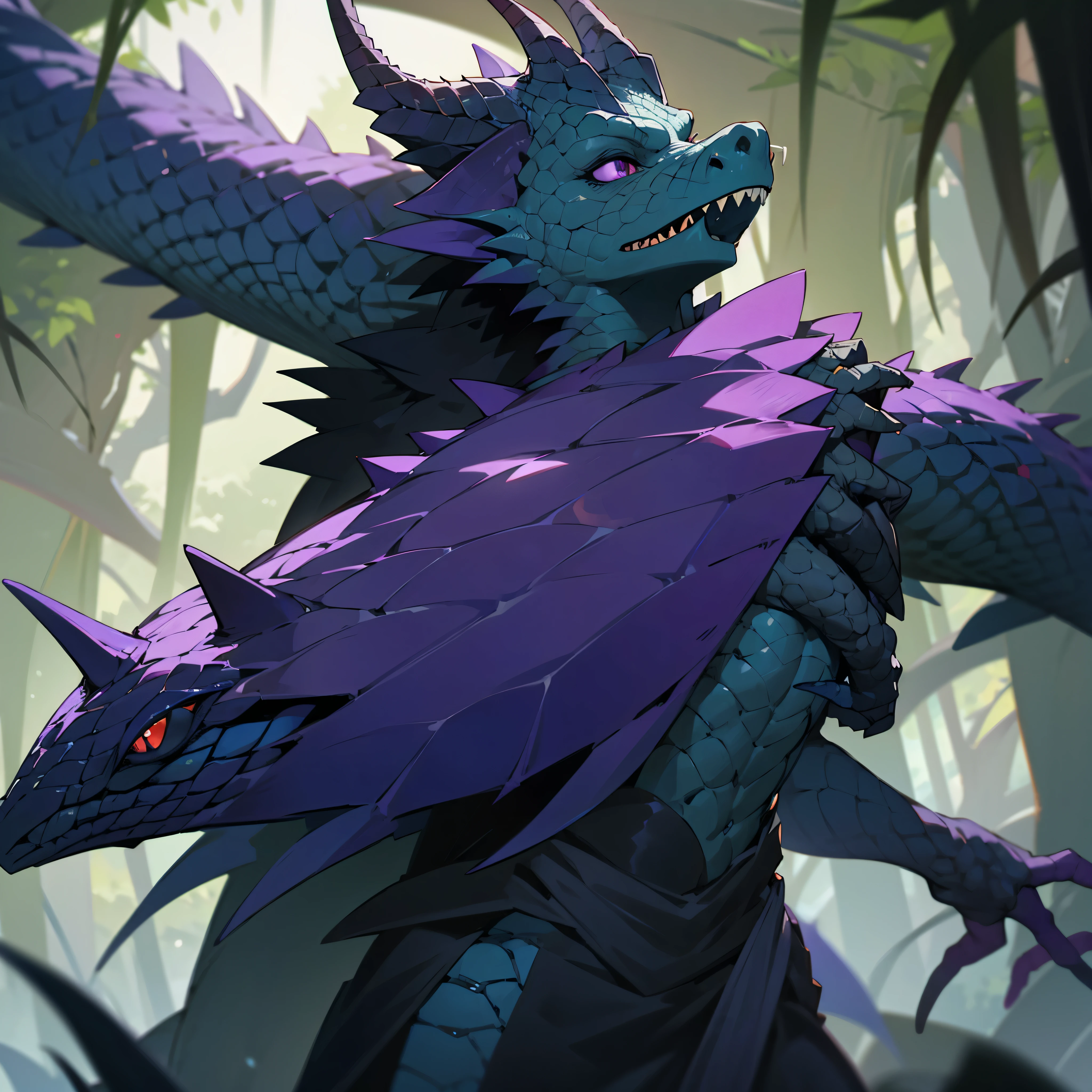score_9, score_8_up, score_7_up, Yuan-ti, black sclera, slit pupils, scales, head fins, 1girl, purple eyes, green skin, green scales, open mouth, sharp teeth, long white hair, black cloak, fantasy background, blurred background <lora:Yuan-tiFantasyDND:1>