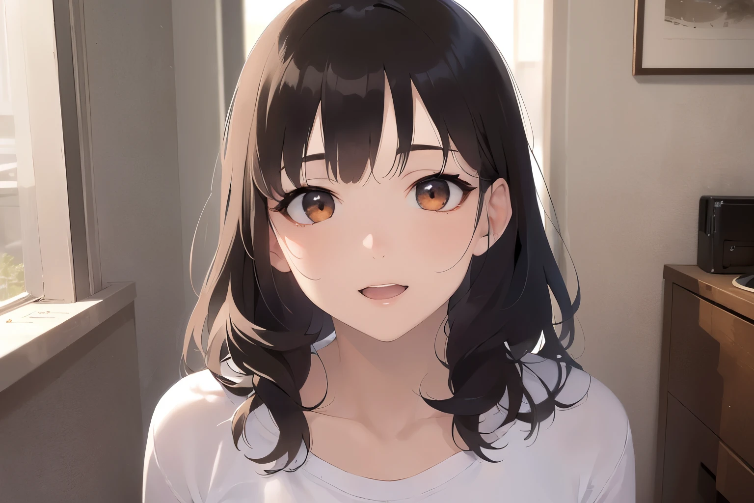 (leaning forward:1.5), Upper Body, Realistic, real person, (pale skin: 1.2), RAW photo, photorealistic, portrait photography, shiny skin, japanese idol、shiny hair、(25 year old woman with medium hair with bangs) and (wavy hair) and (brown hair) and (orange eyes) , plain white t-shirt 、(smile:1.2), open mouth, embarrassed、The background is the living room、Alone、Are standing