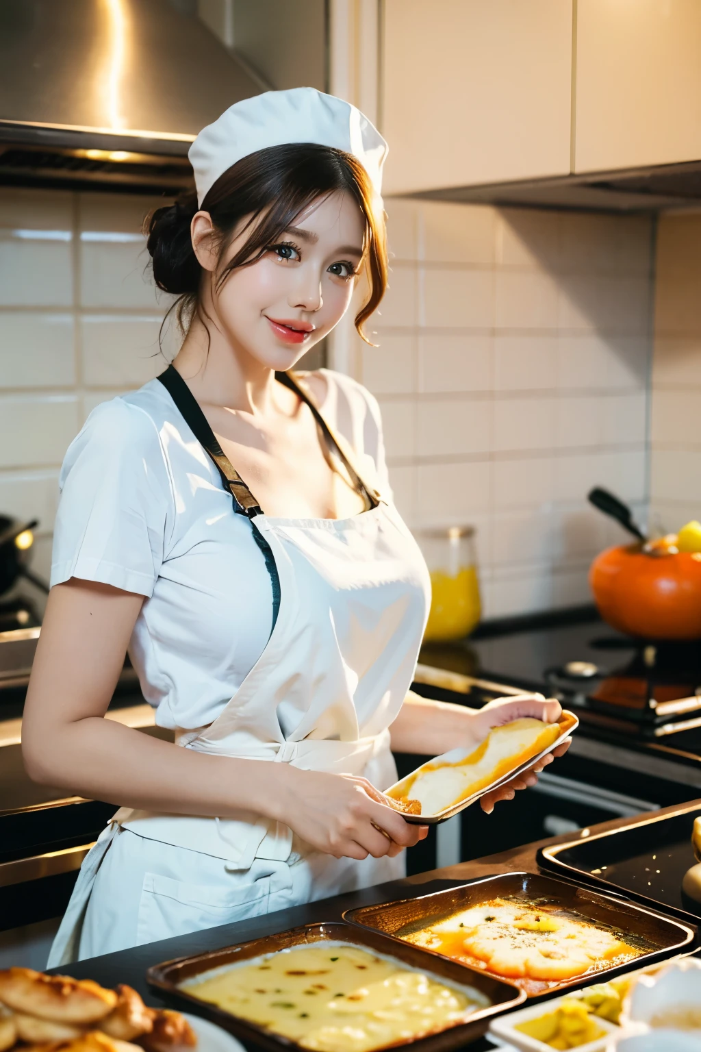 (highres,masterpiece:1.2),ultra-detailed,realistic,photorealistic:1.37,beautiful detailed eyes,beautiful detailed lips,extremely detailed eyes and face,long eyelashes,1girl,cooking,traditional kitchen,wooden stove,flames,apron,chef hat,focused expression,steam,cookbook,spices,sliced vegetables,whisking,smell of delicious food,preparing a feast,culinary art,delicious aromas,creamyy cheese sauce,steaming pots and pans,prep table,wholesome ingredients,elaborate dish presentation,plating,table setting,appetizing colors,culinary masterclass,love for cooking,passion,aroma-filled kitchen,dinner in progress,culinary journey,creating a masterpiece