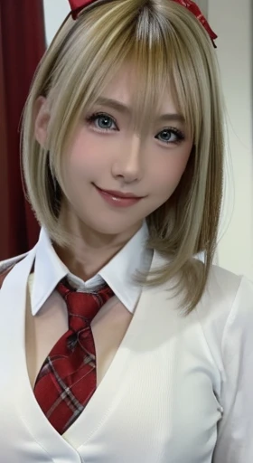 table top,highest quality,Super detailed,finely,High resolution,In 8K,((Photoreal:1.4,RAW photo,超A high resolution,best image quality:1.4)),table top、highest quality、 Super detailedな、High resolution、8k wallpaper、perfect dynamic composition,、detailed and beautiful eyes、(beautiful breasts:1.1) 、White blazer with red lines、、white shirt、red ribbon tie、Plaid brown skirt、1 girl、beautiful girl、slender body shape、high school student、blonde hair、(blonde)short bob、smile、