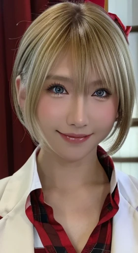 table top,highest quality,Super detailed,finely,High resolution,In 8K,((Photoreal:1.4,RAW photo,超A high resolution,best image quality:1.4)),table top、highest quality、 Super detailedな、High resolution、8k wallpaper、perfect dynamic composition,、detailed and beautiful eyes、(beautiful breasts:1.1) 、White blazer with red lines、、white shirt、red ribbon tie、Plaid brown skirt、1 girl、beautiful girl、slender body shape、high school student、blonde hair、(blonde)short bob、smile、
